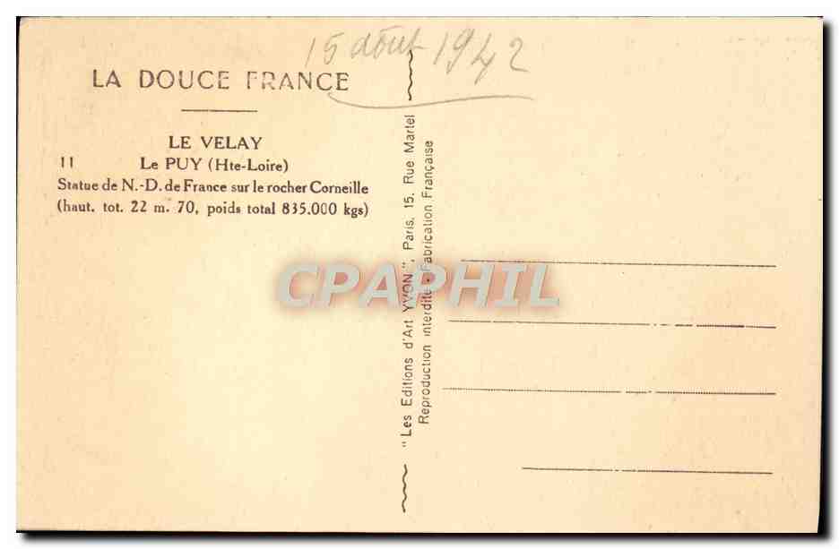 CPA Le Velay Le Puy St Joseph De Bon Espoir Statue de ND de France sur le rocher Corneille — Rückseite