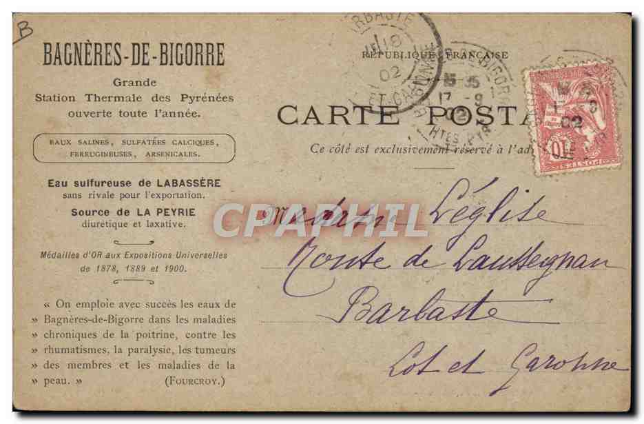 Cascade d'Ouscouaou — Bagnères-de-Bigorre — éditeur anonyme, n° de série non visible — Verso