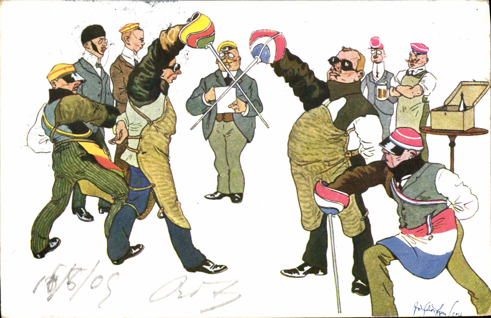 Combat de bâtonnets — caricature politique — éditeur B. K. W. I. 842-7