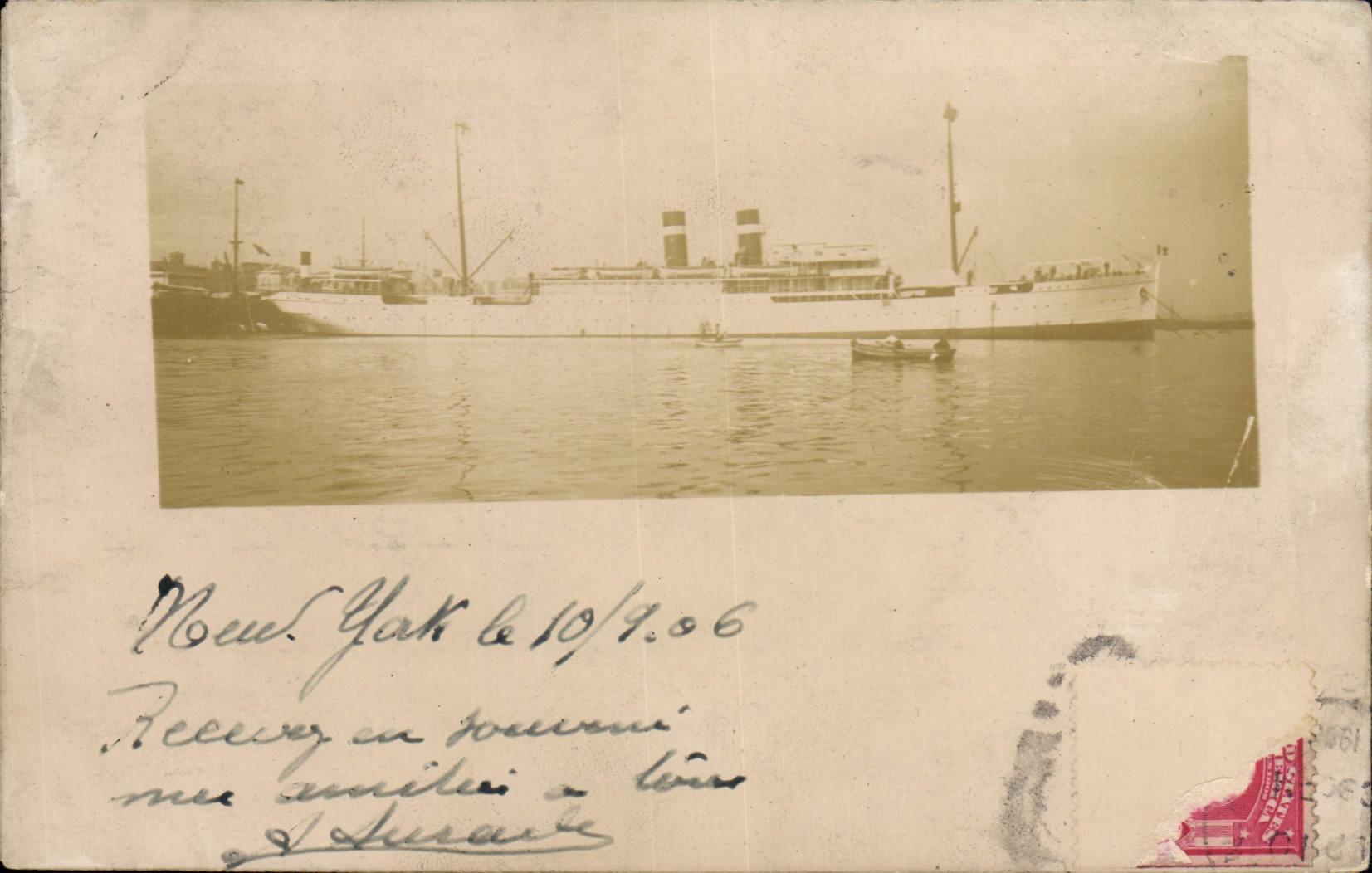 Nave a vapore in porto — New York — Cartolina postale italiana