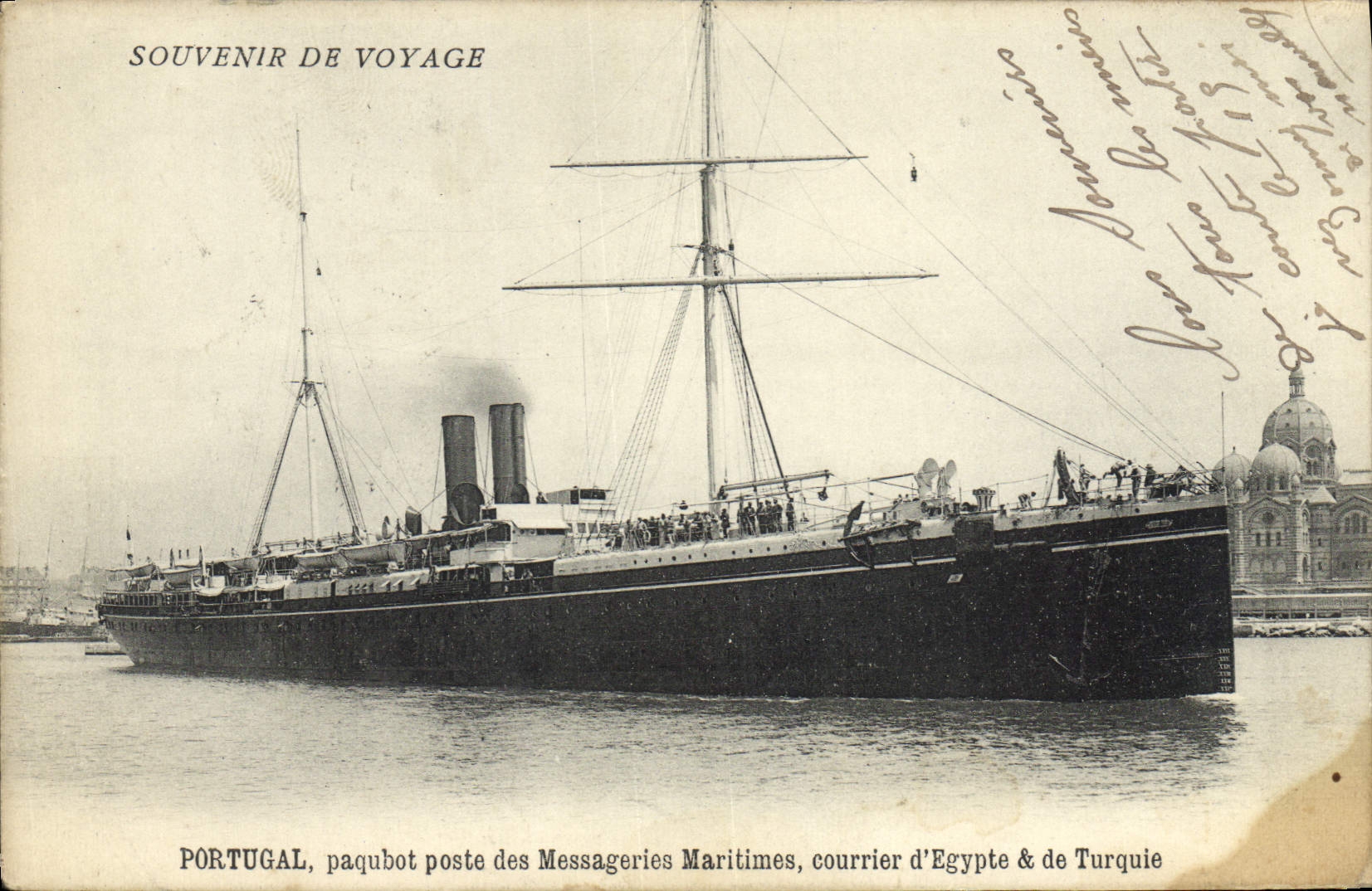 CPA Bateau Paquebot poste des Messageries Maritimes Courrier d'Egypte et de Turquie Portugal 
