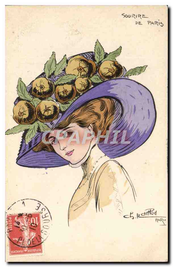 CPA Fantaisie Illustrateur Femme Chapeau Sourire de Paris