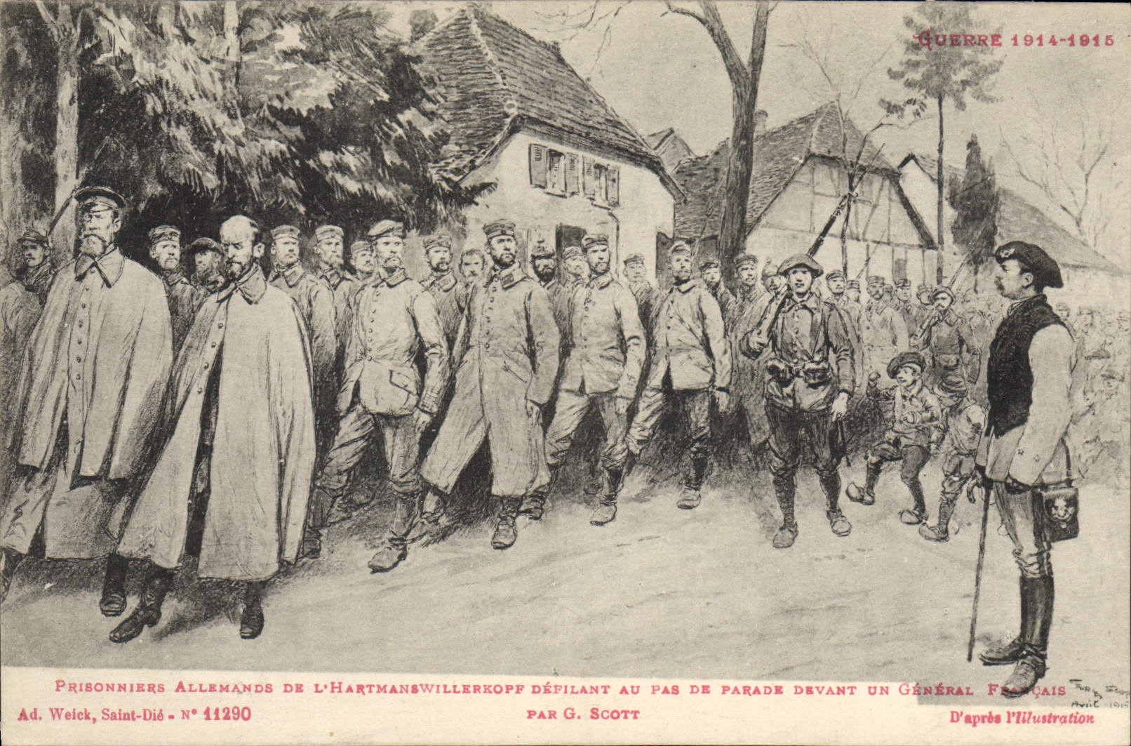 CPA Militaria Prisonniers allemands de l'Hartmanswillerkopf defilant au pas de parade devant un general francais 