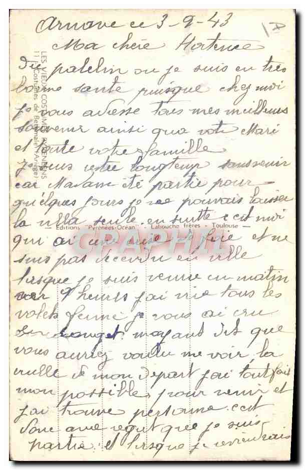 CPA Folklore Pyrenees Costumes de Bethmale Ariege — Verso