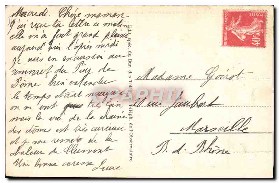 CPA L'Observatoire Du Puy De Dome — Rückseite