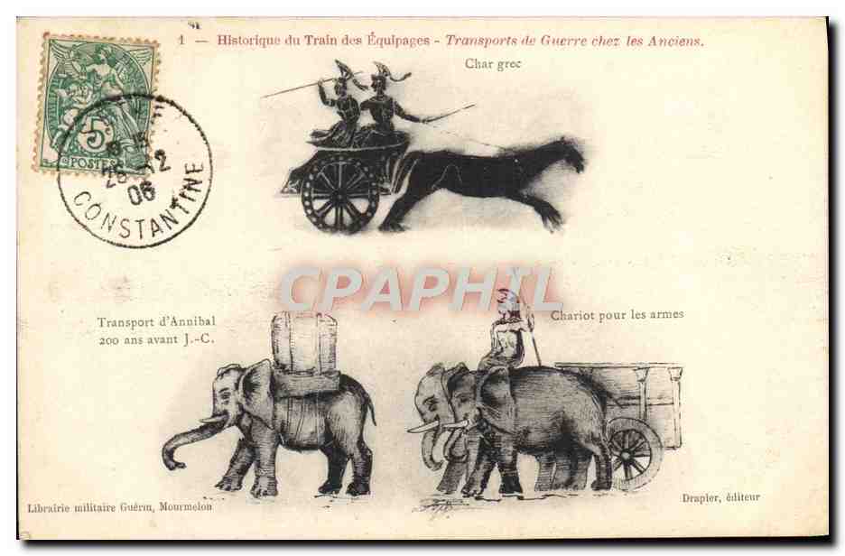 CPA Transport de guerre chez les anciens Elephant Chariot pour les armes militaria Char grec 