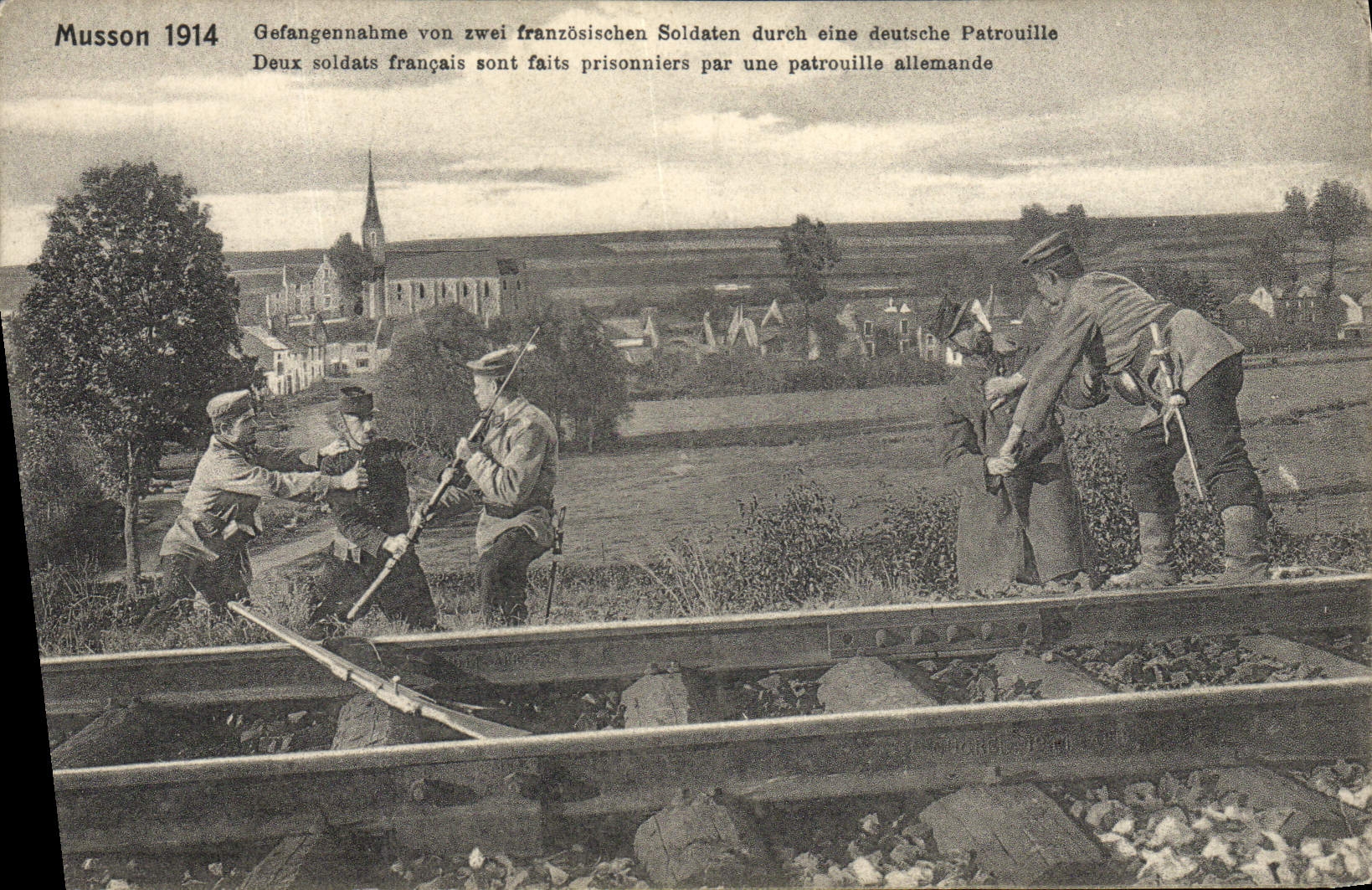Musson 1914 — Cattura di due soldati francesi da parte di una pattuglia tedesca — Foto N. Schumacher, Nr. 48