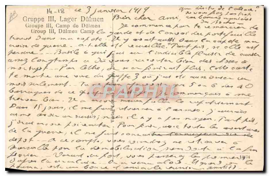 Campamento de Dülmen — Grupo III — vista del jardín y las barracas — editor desconocido — Reverso