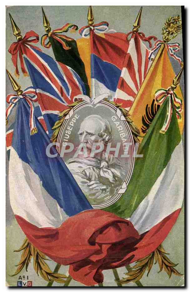 Giuseppe Garibaldi — portrait encadré entre drapeaux internationaux — éditeur L.V.G., n° A91