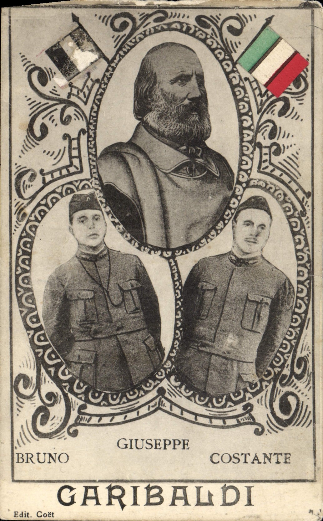 Giuseppe Garibaldi — portrait avec deux soldats — Edit. Coët, N.1 - Recto