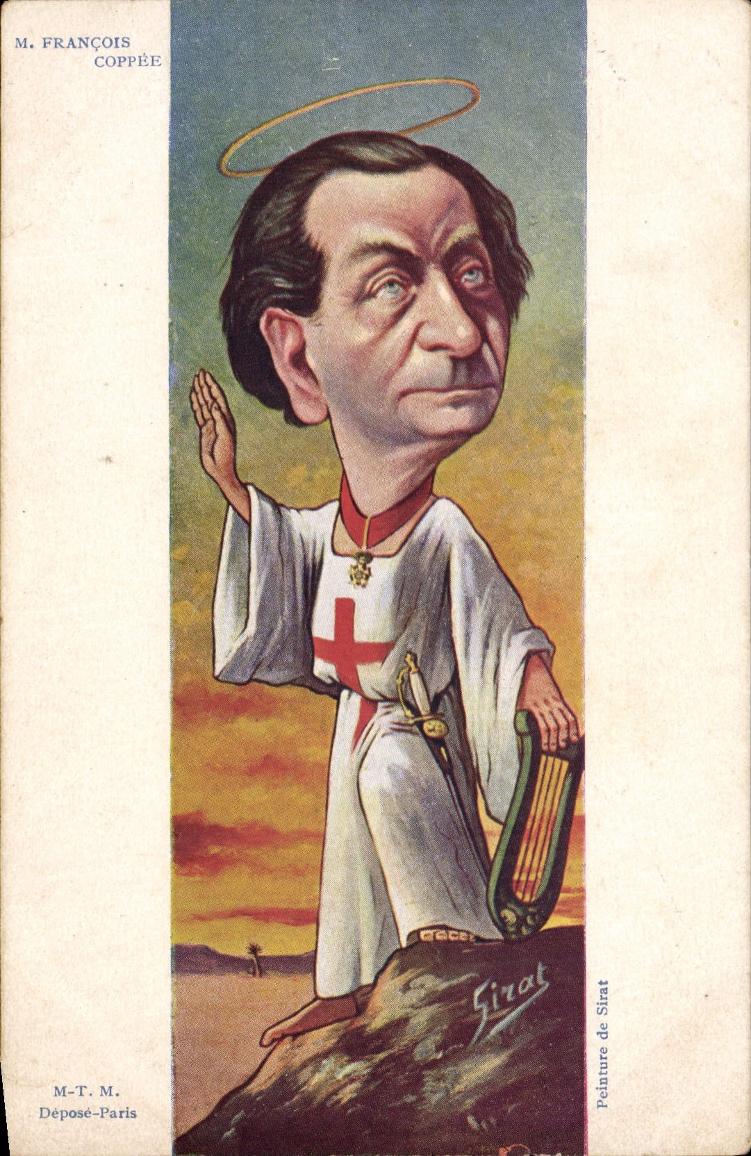 Caricature de François Coppée — saint avec harpe — peinture de Sirat, Déposé-Paris