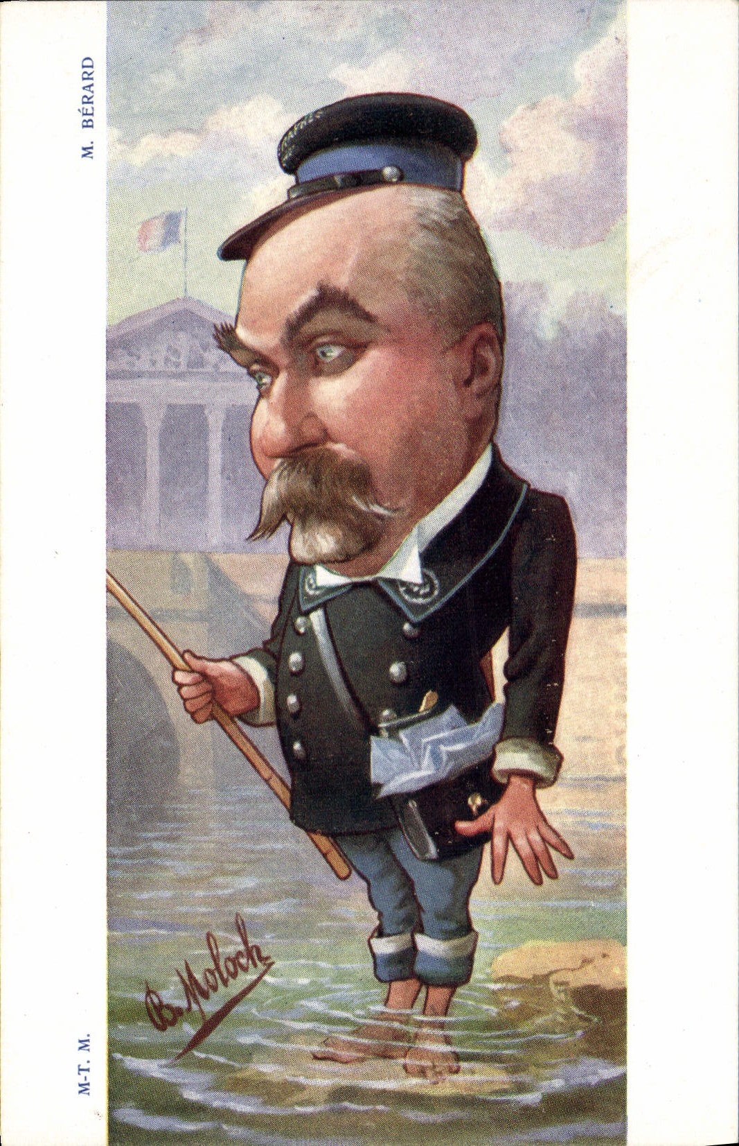 M. Bérard — caricature d'un homme en uniforme naval tenant une canne — dessin de B. Moloch