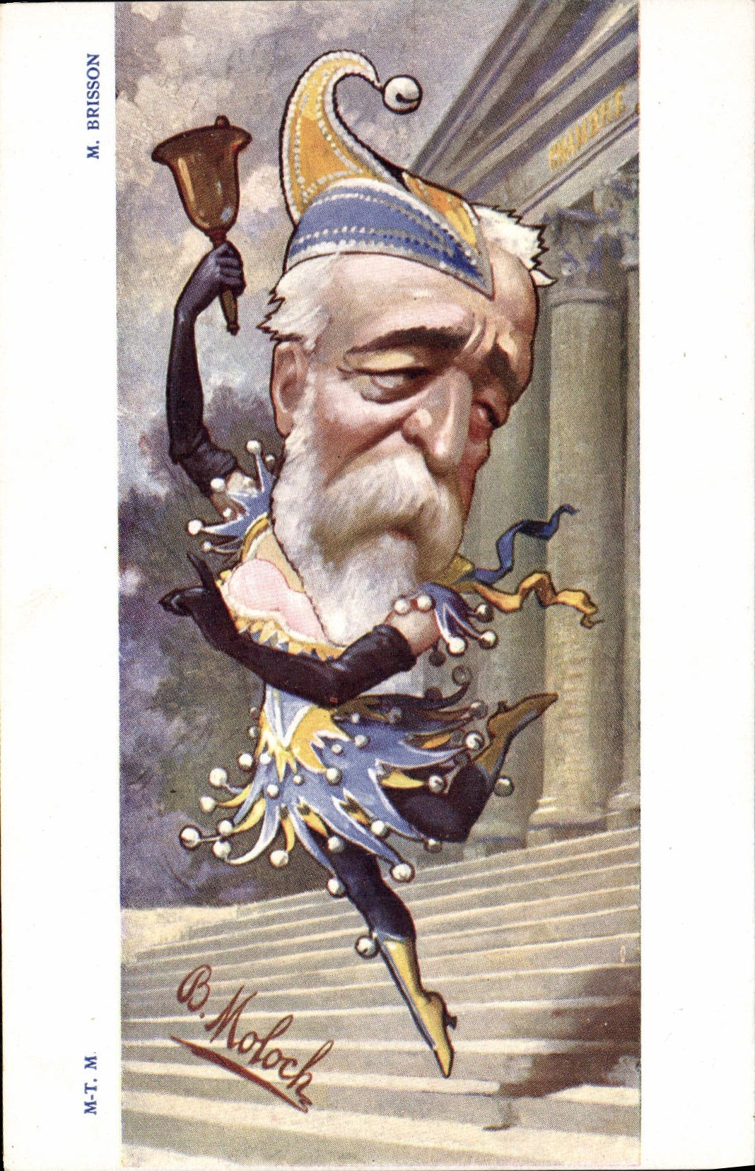 M. Brisson — Caricature d'un homme en costume de jester — M.-T. M. / B. Moloch - Recto