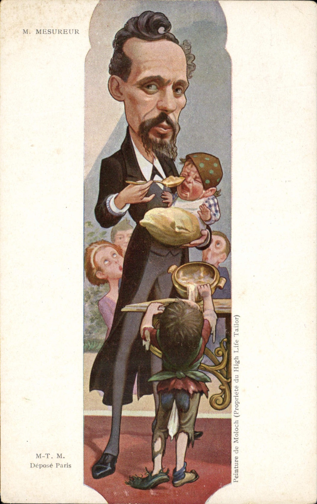 M. Mesureur — Caricature d'un homme en costume tenant un nourrisson et des bols — M-T-M, Déposé Paris
