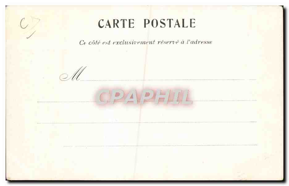 M. Mesureur — Caricature d'un homme en costume tenant un nourrisson et des bols — M-T-M, Déposé Paris — Verso