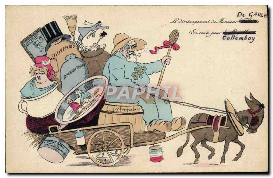Le déménagement de Monsieur De Gaulle — En route pour Callembay — caricature politique
