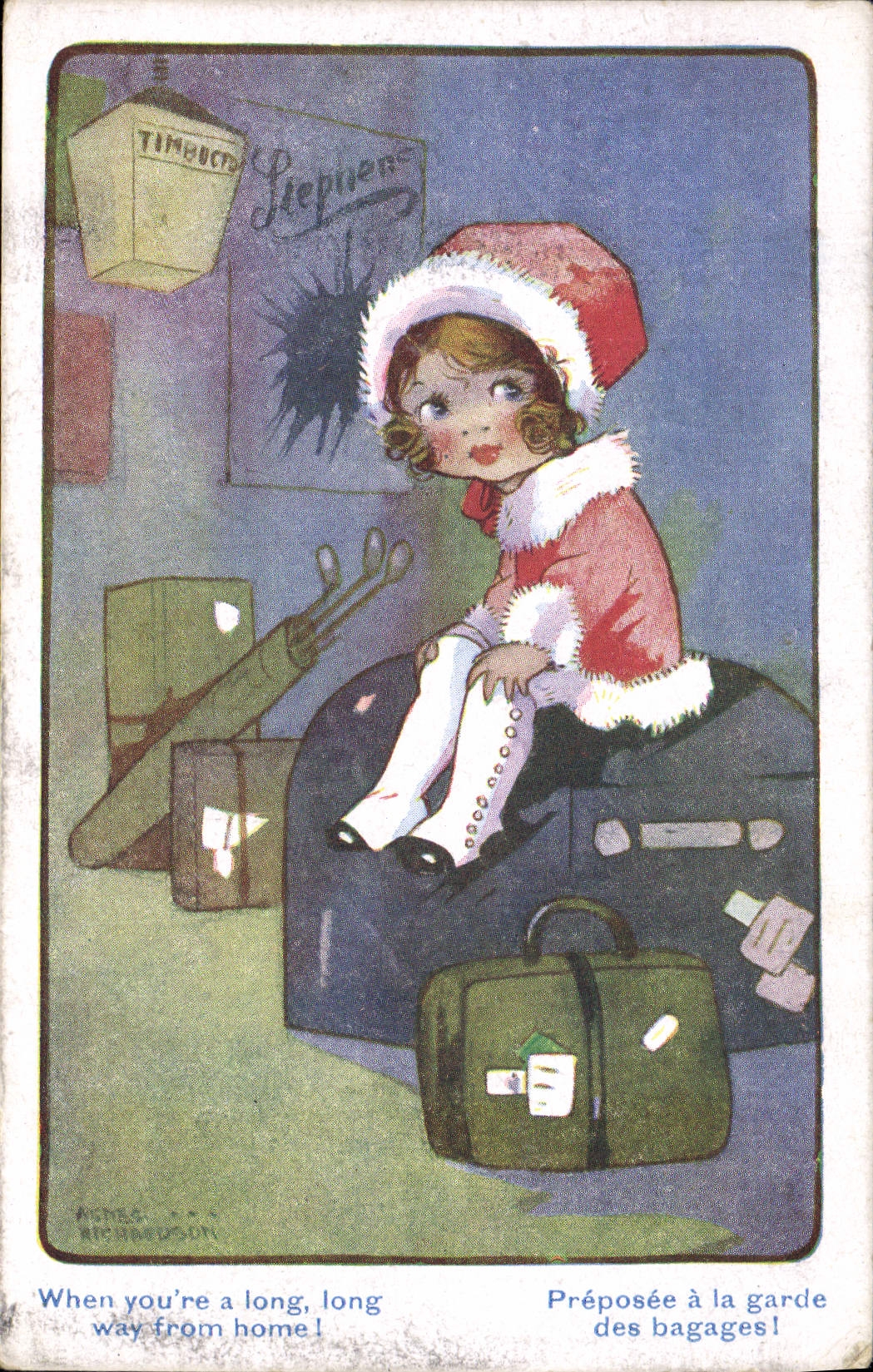 Petite fille en costume de Père Noël — Préposée à la garde des bagages — Inter Art Co. No. 1963