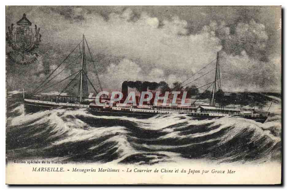 CPA Bateau Paquebot Marseille Messageries Maritimes Le courrier de Chine et du Japon par grosse mer