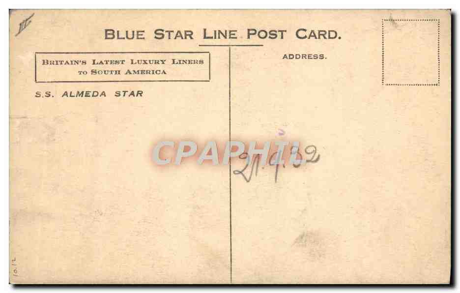 S.S. Almeda Star — Blue Star Line Post Card — éditeur Blue Star Line — Verso