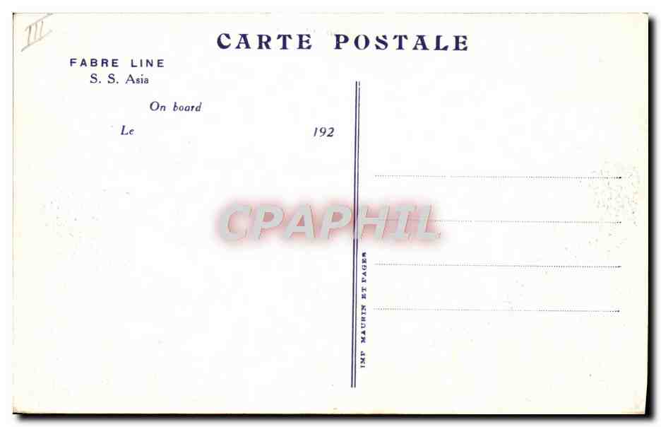 S.S. Asia — Navire de la ligne Fabre — Éditeur IMP. MAURIN ET PAGES — Verso