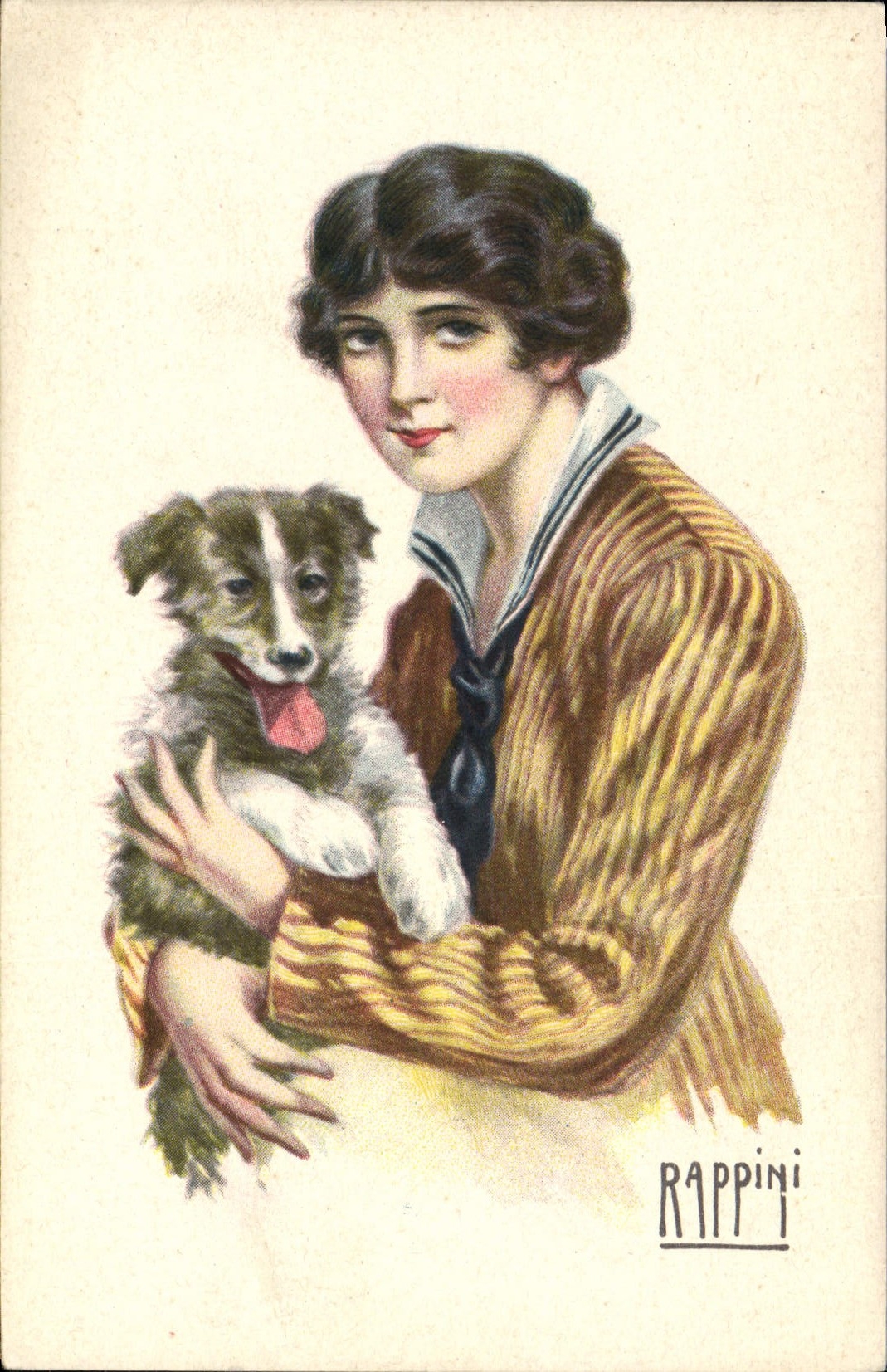 Jeune femme tenant un chiot — illustration de Rappini — éditeur Rappini
