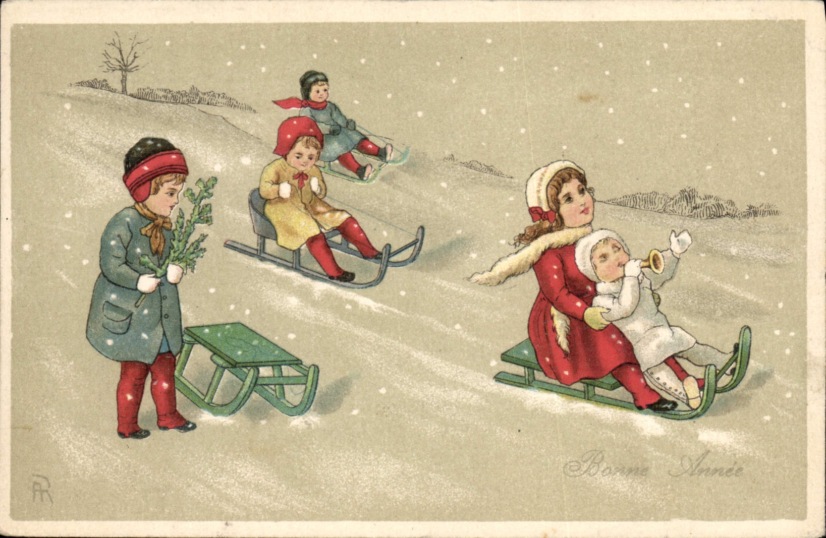 CPA Fantaisie Illustrateur Agnes Richardson Enfants Luge 