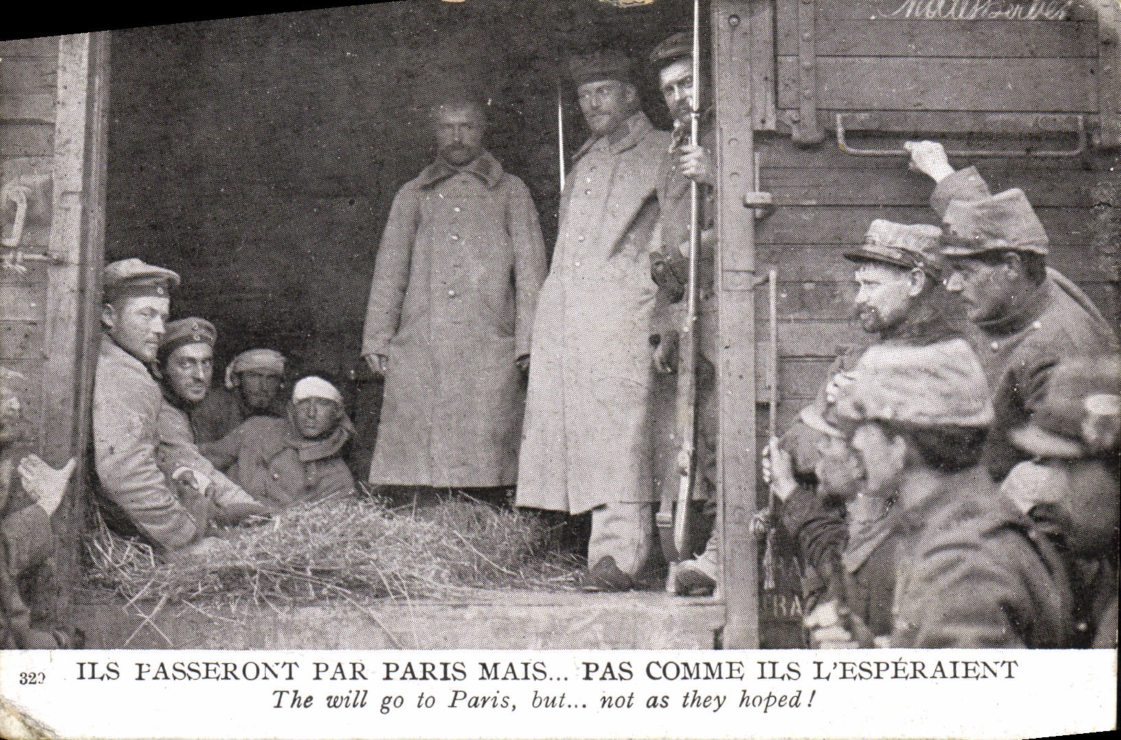 Soldats en train — ILS PASSERONT PAR PARIS MAIS... PAS COMME ILS L'ESPÉRAIENT — éditeur M. Muller, n° 322