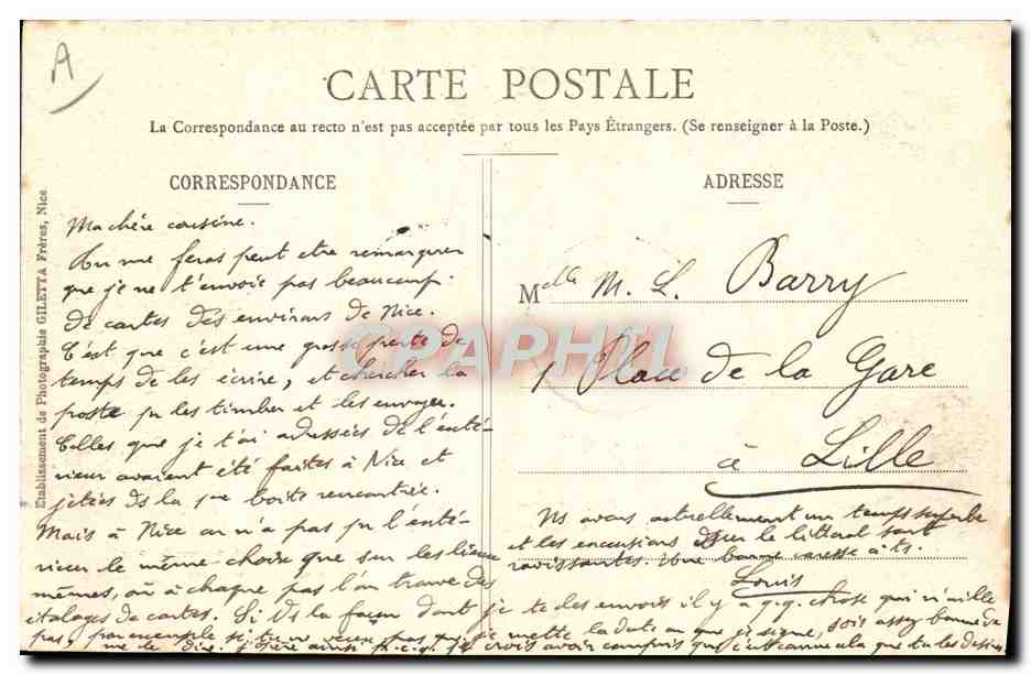 Observatoire de Nice — Collection Artistique 102 — Édition Gilotta, Nice — Rückseite