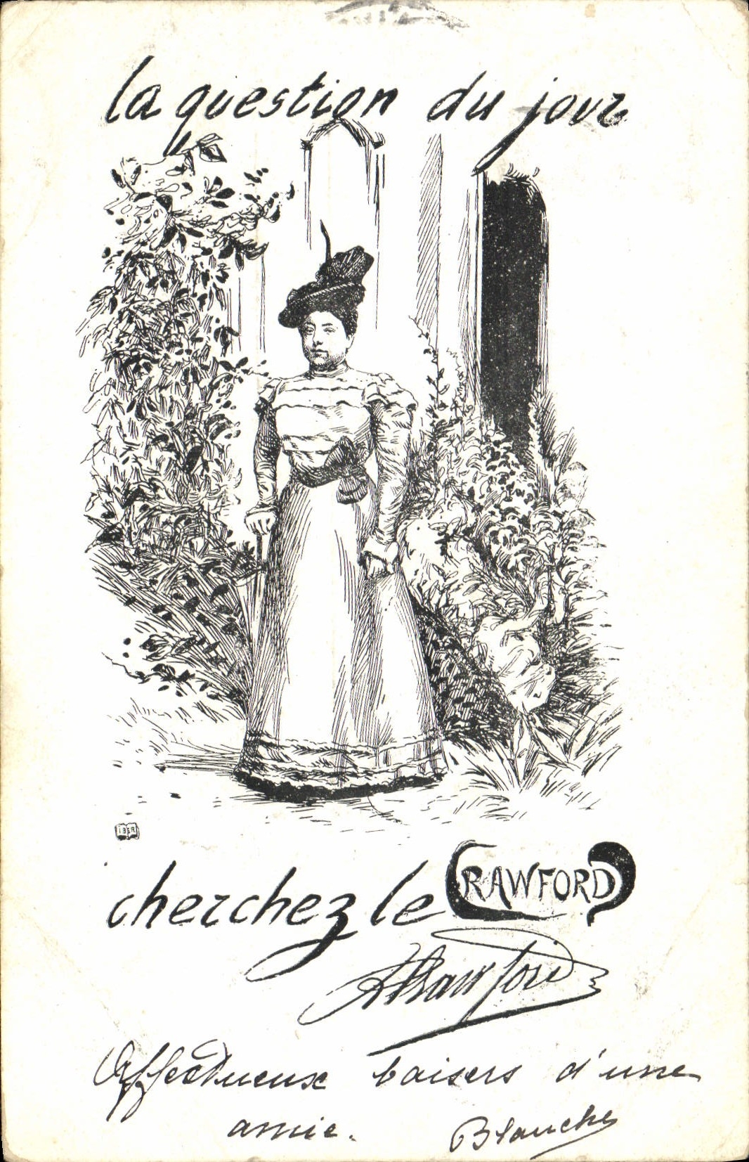Femme en robe longue et chapeau — illustration pour 'La question du jour' — éditeur Crawford
