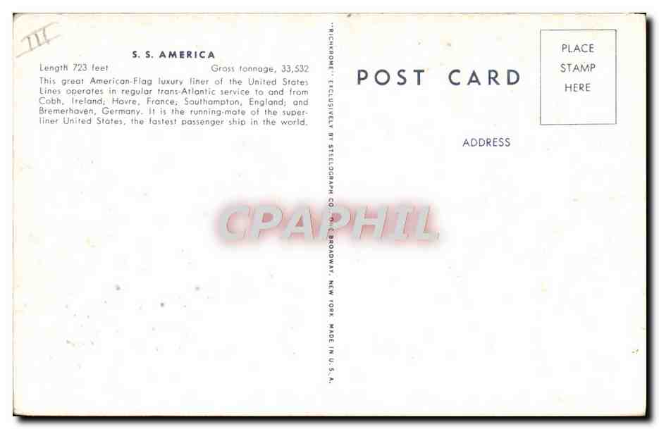CPA Bateau Paquebot SS America  — Verso