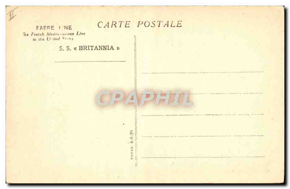 S.S. « BRITANNIA » — navire de la French Mediterranean Line — Fabre & Cie — Verso