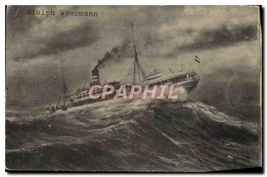 Navire de la Compagnie Adolph Woermann — traversant des vagues agitées — éditeur Adolph Woermann