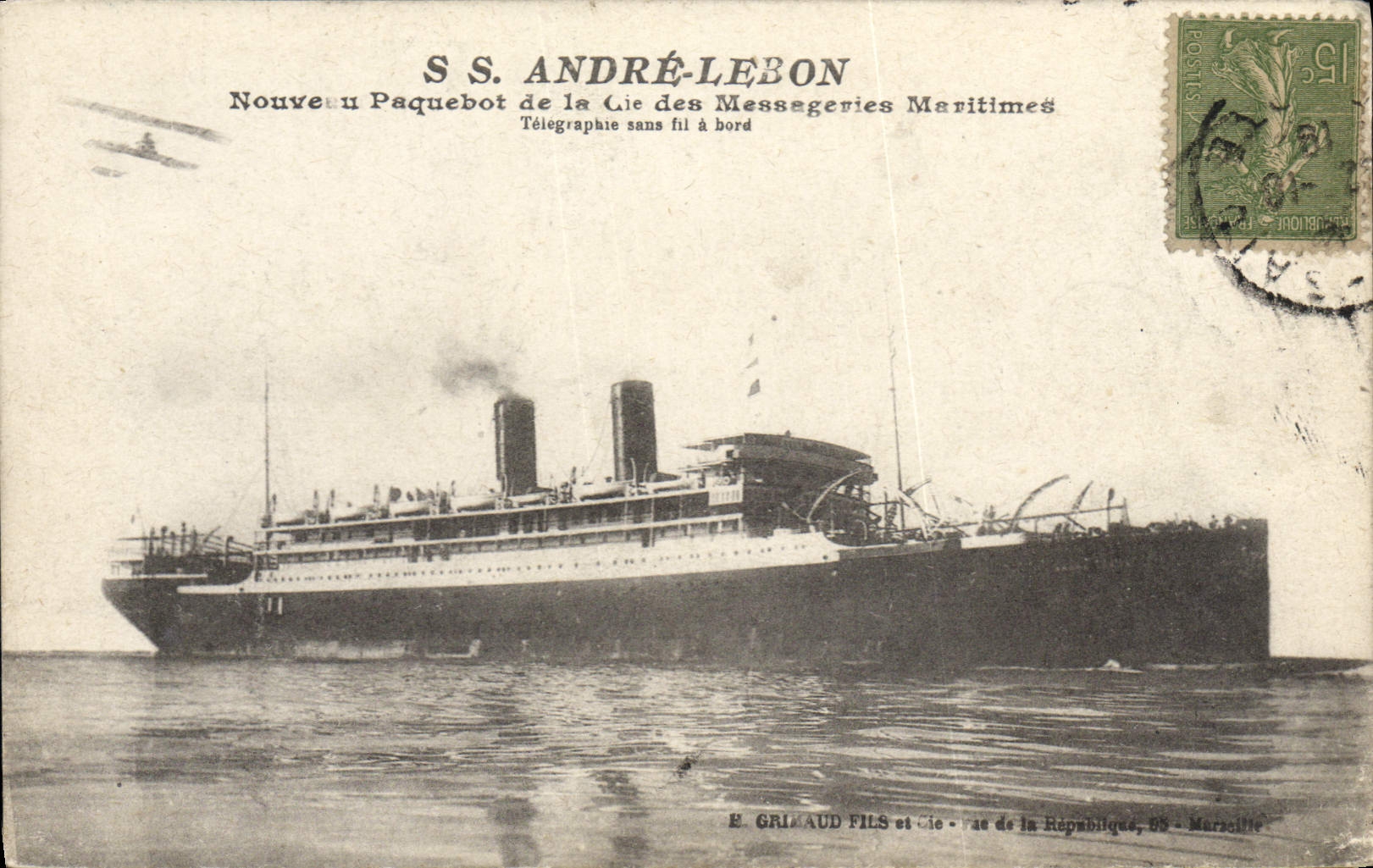 S.S. ANDRÉ-LEBON — Nouveau paquebot de la Cie des Messageries Maritimes — éditeur E. GRIMAUD FILS et Cie, 55 rue de la République, Marseille