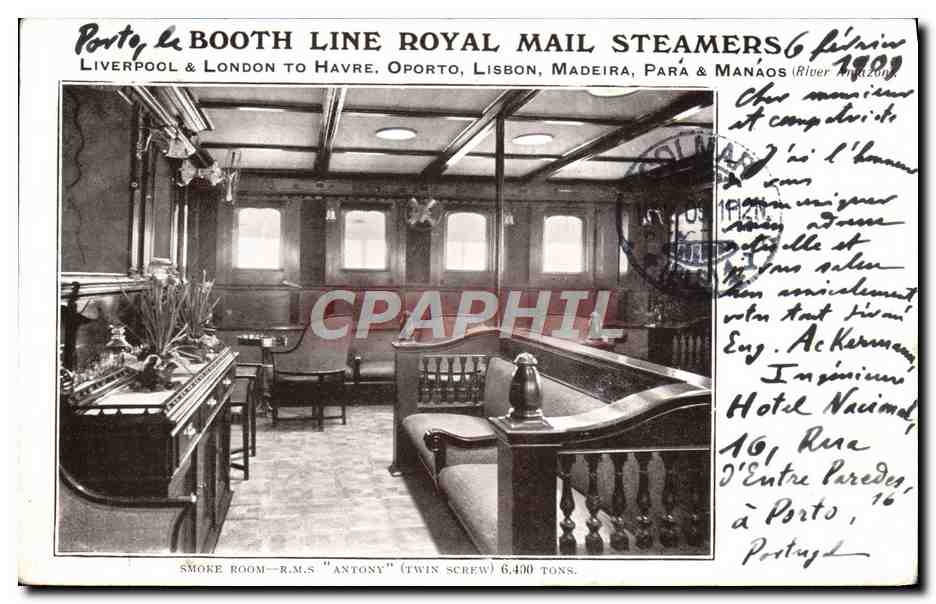 Cabin intérieur d'un paquebot — Salle de fumée du R.M.S. "Antony" — Éditeur Porty & Booth Line