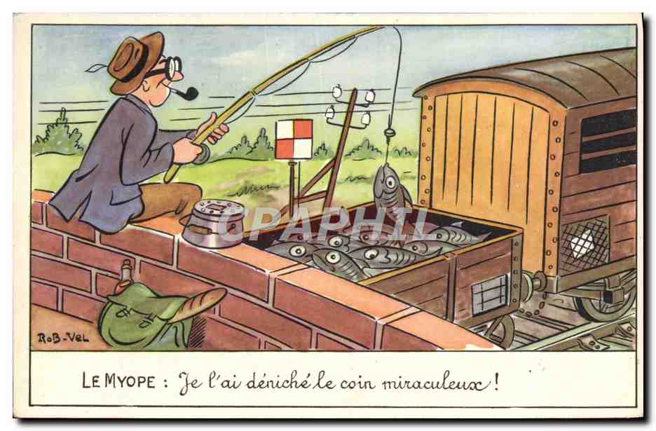 CPA Fantaisie Illustrateur Rob Vel Poissons Peche Pecheur Train