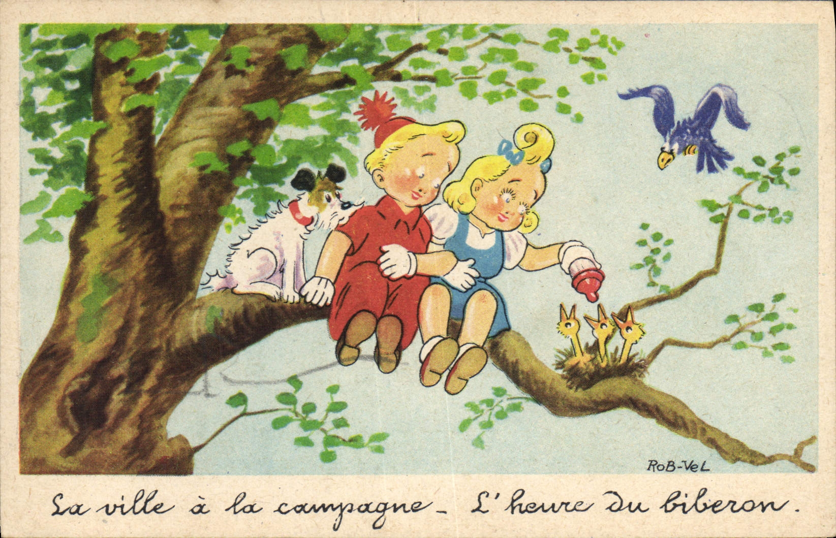 CPA Fantaisie Illustrateur Rob Vel Enfants Chien Poussin Aigle