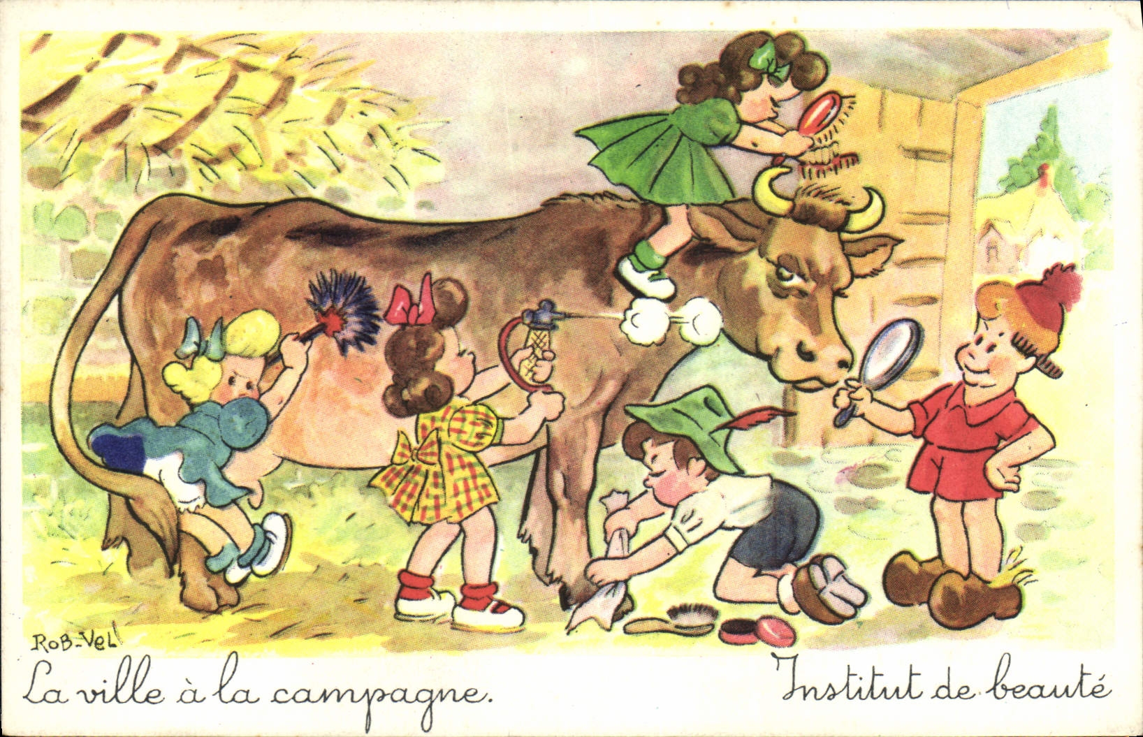 Enfants coiffant une vache — Institut de beauté — Rob.Vel
