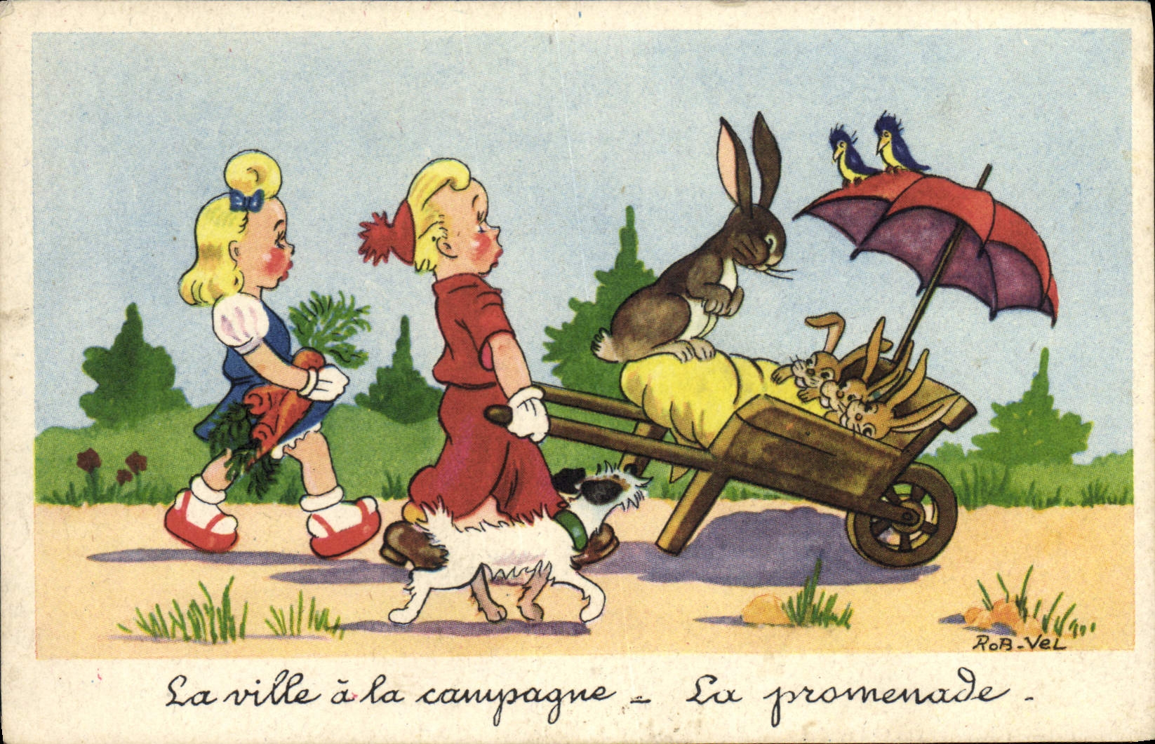 CPA Fantaisie Illustrateur Rob Vel Enfants Chien Lapin 