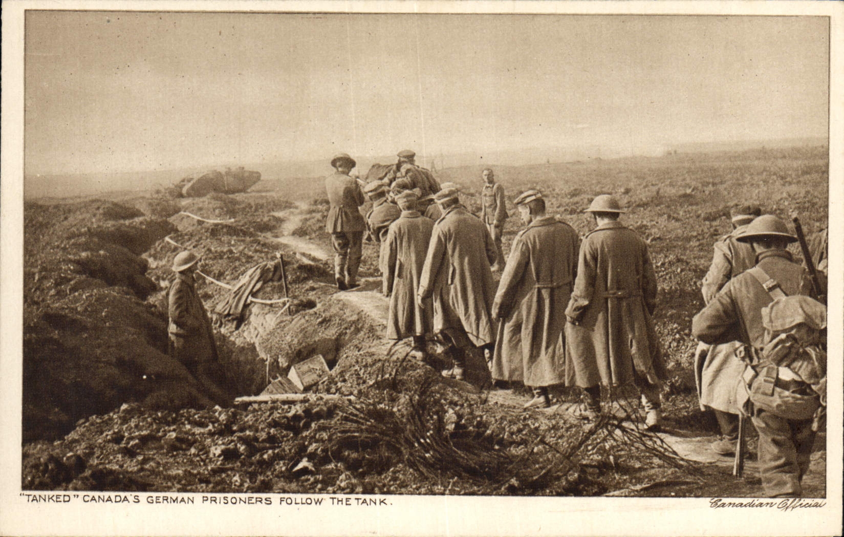 CPA Militaria Tanked Canada's German prisoners follow the tank Tranchees
