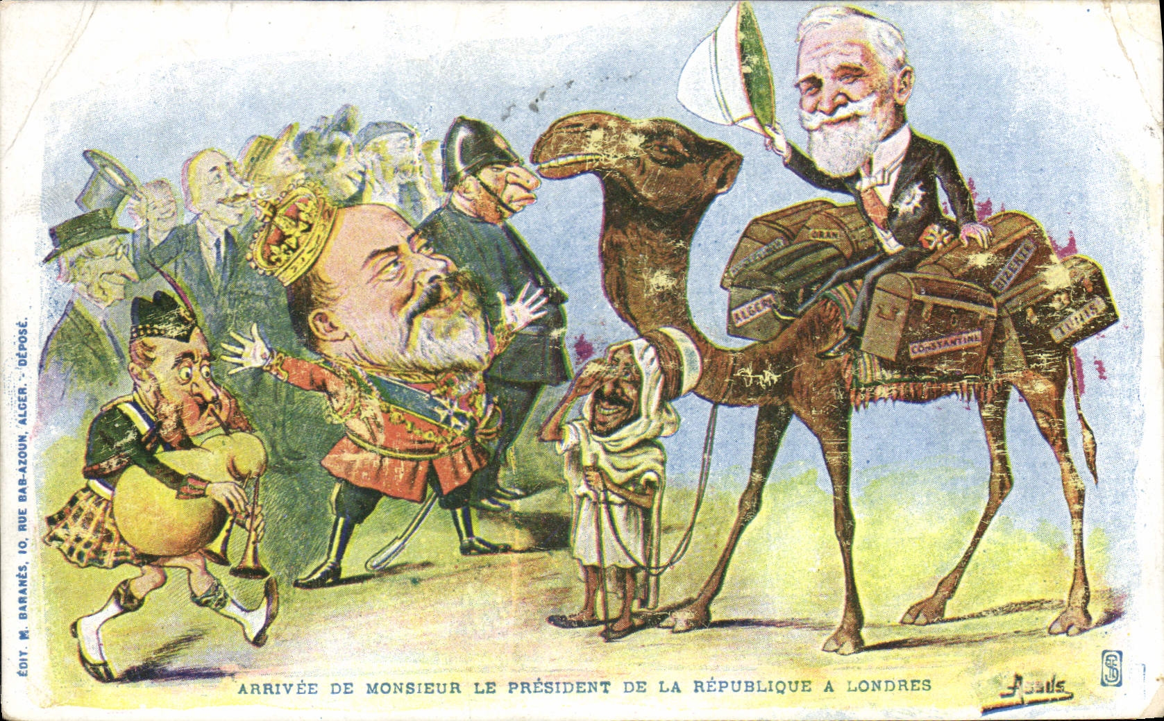 CPA Politique Satirique Arrivee de Monsieur le President de la Republique a Londres Chameau Dromadaire