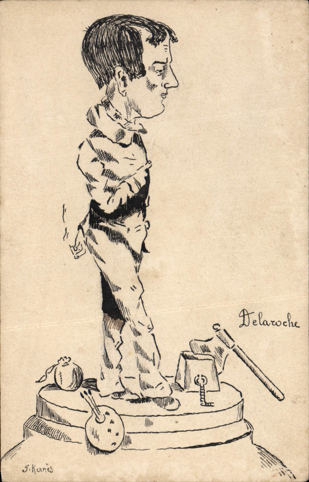 Caricature de Delaroche — dessin de J. Karinès — autographe du dessinateur