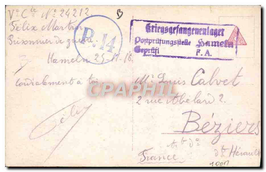 CPA Football Hameln 1916 — Rückseite