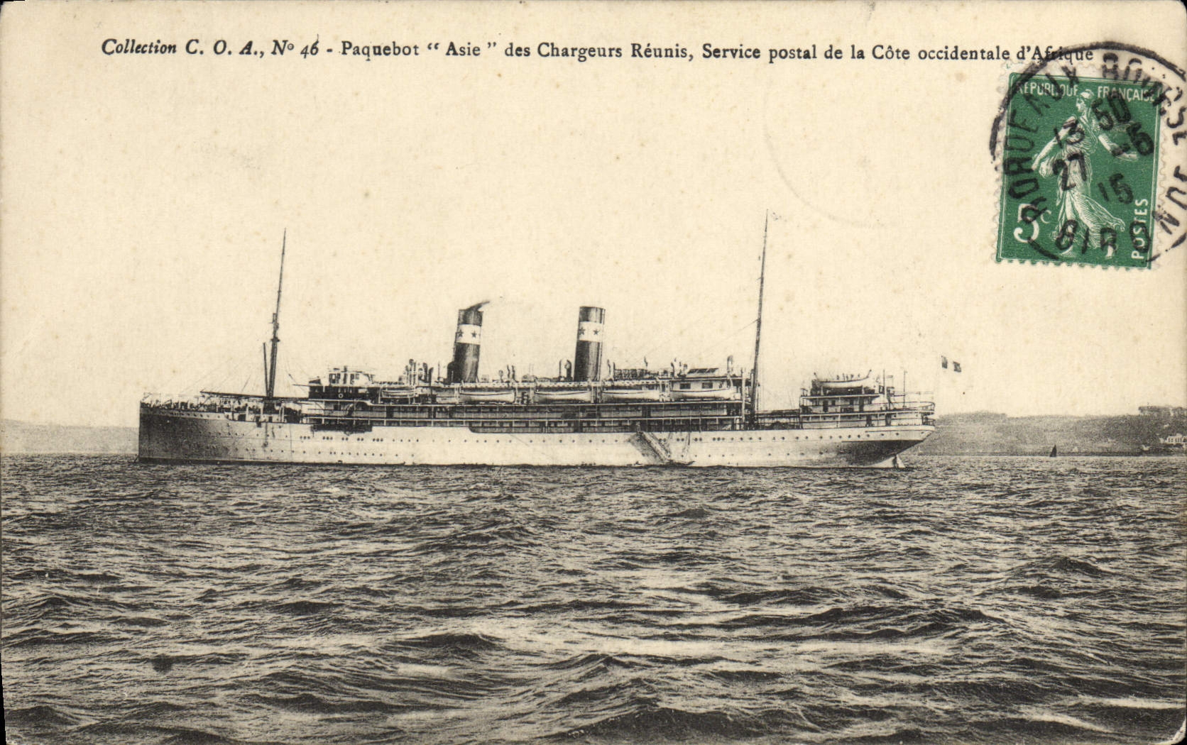 Paquebot "Asie" des Chargeurs Réunis — Service postal de la Côte occidentale d'Afrique — Collection C. O. A., N° 46