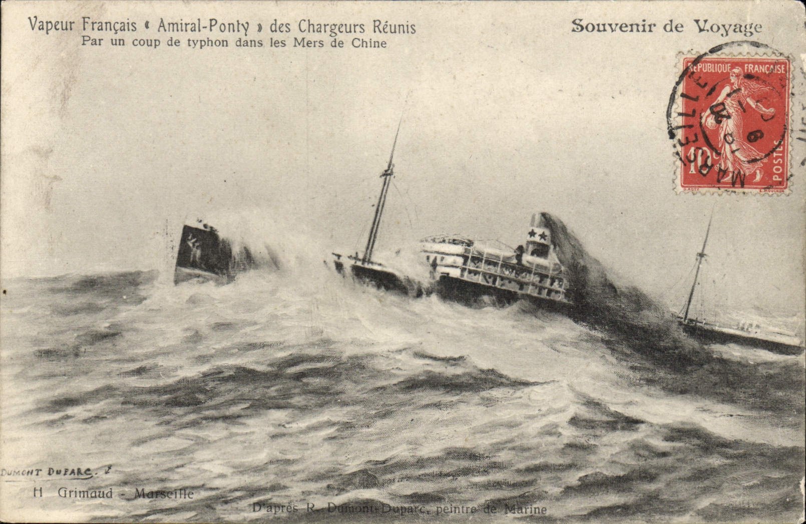 Vapeur Française « Amiral-Ponty » des Chargeurs Réunis — Par un coup de typhon dans les Mers de Chine — D'après R. Dumont-Duparc, peintre de Marine — Grimaud, Marseille
