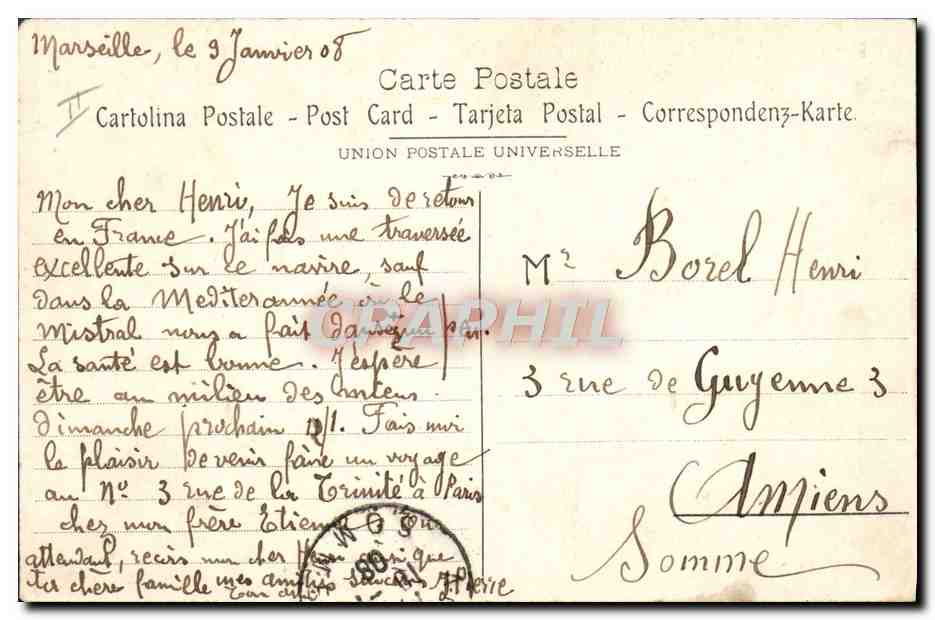 Vapeur Française « Amiral-Ponty » des Chargeurs Réunis — Par un coup de typhon dans les Mers de Chine — D'après R. Dumont-Duparc, peintre de Marine — Grimaud, Marseille — Achterkant