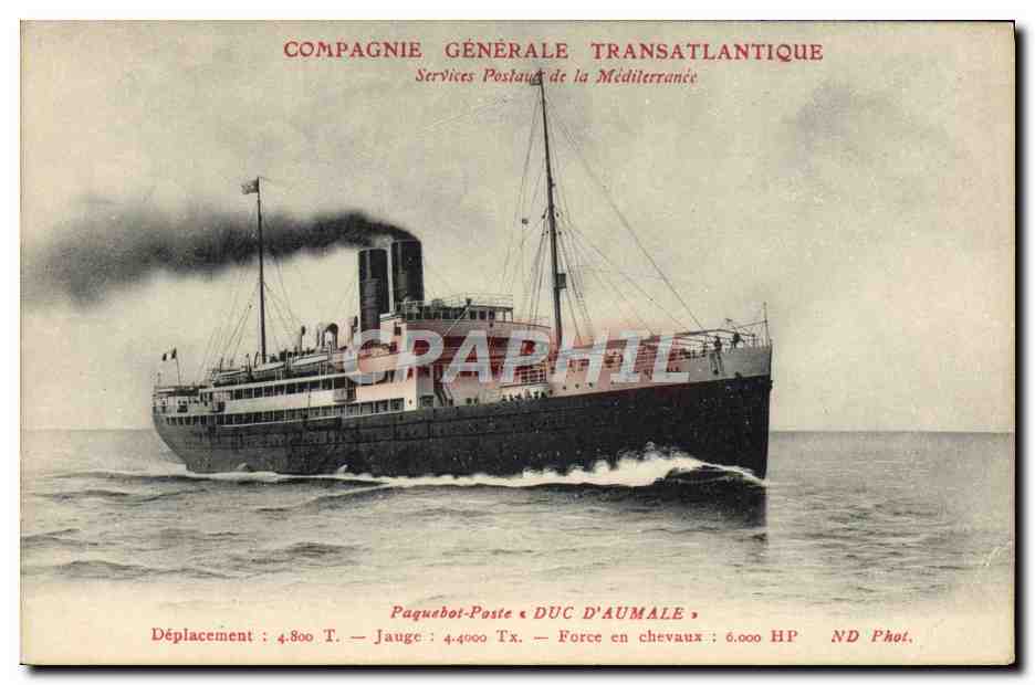 Paquebot-poste Duc d'Aumale — Compagnie Générale Transatlantique — Services Postaux de la Méditerranée