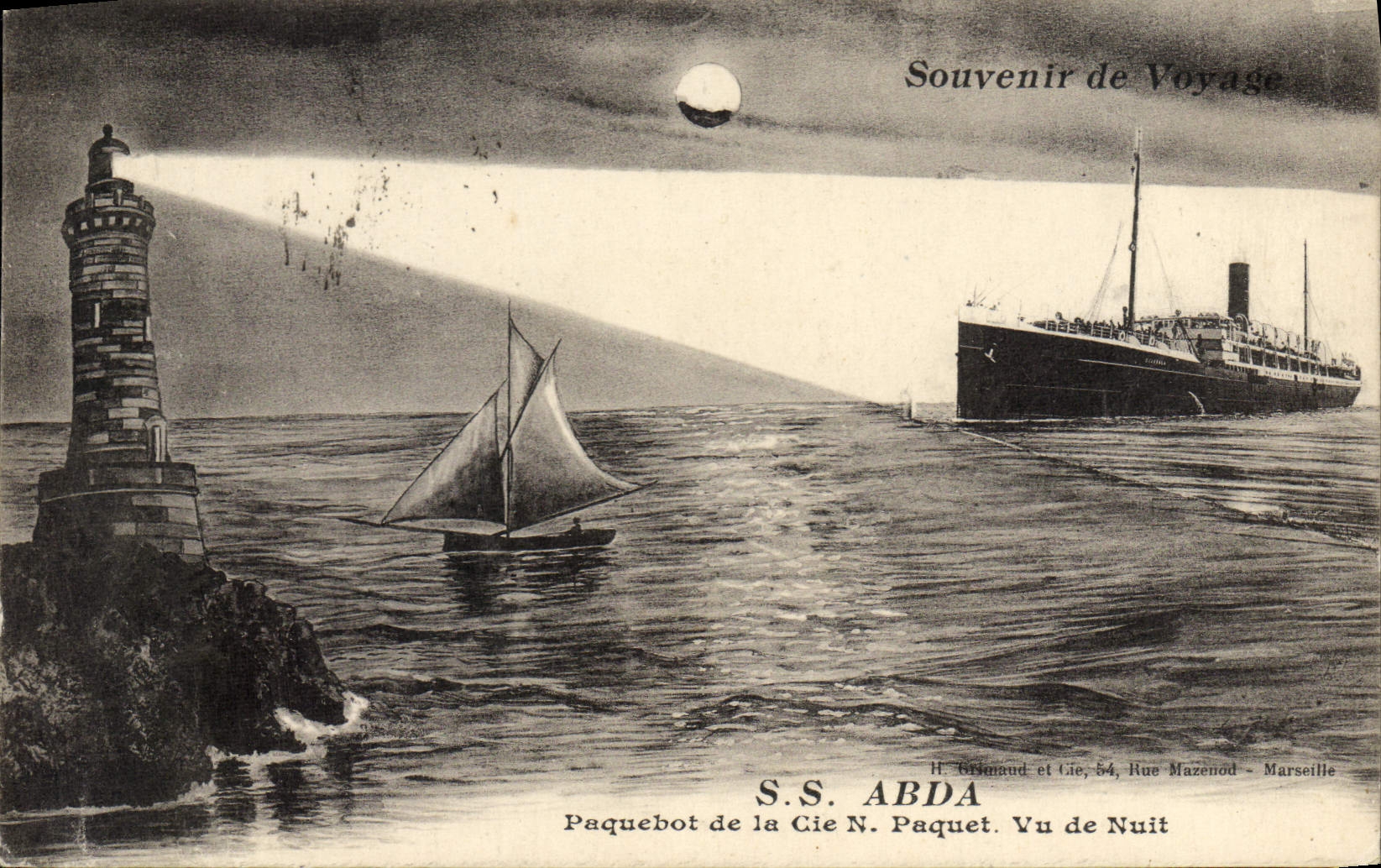 Farol y transbordador S.S. ABDA — Vista nocturna — H. Gémaud et Cie, Marsella