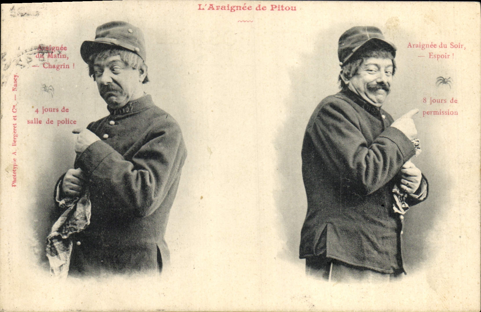 L'Araignée de Pitou — caricature de soldat en permission — Phototypie A. Bergeret et Cie, Nancy
