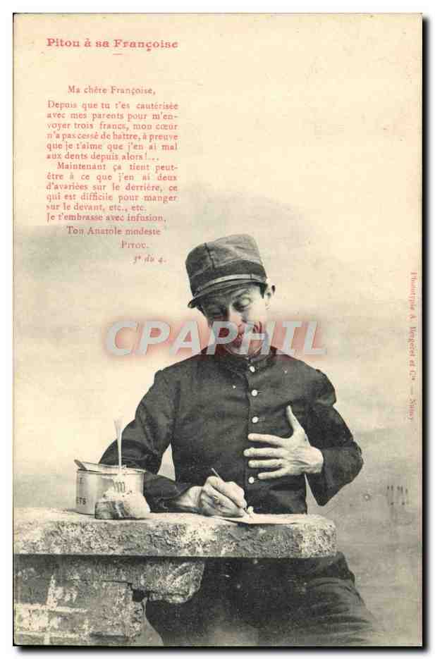 Soldat écrivant une lettre à sa fiancée — Pitou à sa Française — Éditeur : Françoise A. Béguin & Cie, n° 20007