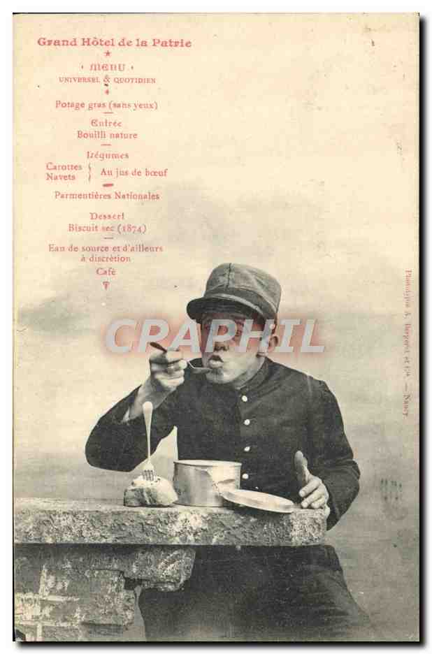Soldat mangeant un biscuit sec — Grand Hôtel de la Patrie — Éditeur : Frédéric A. Bergeret et fils — N° 1400